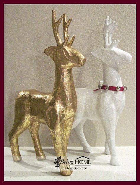 Michaels Gold Paper Mache Reindeer Transformed Paper Mache Reindeer, Vintage Booth, Glitter Reindeer, Retro Christmas Decorations, Reindeer Craft, Silver Christmas Decorations, Gold Reindeer, White Deer, Reindeer Decorations