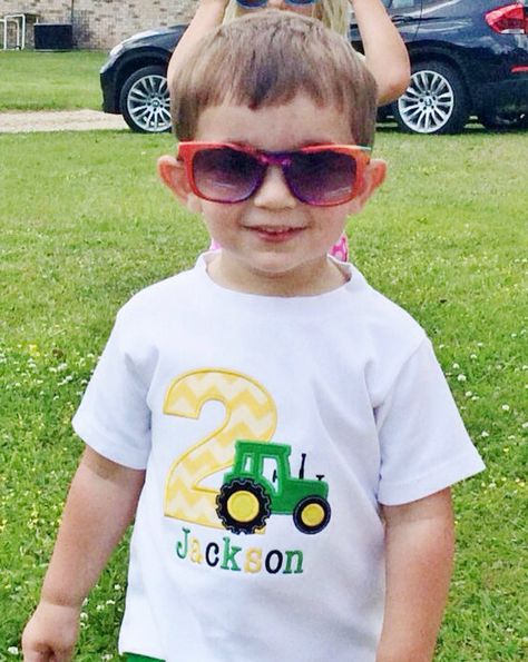 Boys Tractor Number Applique Birthday T-Shirt or Bodysuit Tractor Birthday Pictures, Two Year Old Tractor Theme Birthday, Tractor Birthday Shirt Boys, Three Tractor Shirt, Just A Boy Who Loves Tractors Svg, John Deere Birthday Party, John Deere Birthday, Birthday Tshirts, John Deere