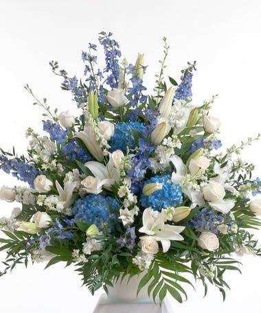 For The Service Flowers Seattle, WA - Same Day Delivery Lilies And Roses, Blue Flower Arrangements, Casket Flowers, Urn Arrangements, White Urn, White Fan, White Flower Arrangements, Blue And White Flowers, Altar Flowers