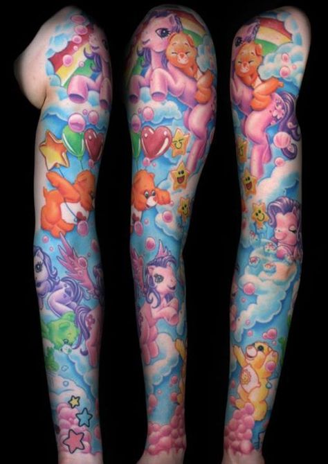 80s Cartoon Tattoos, Cartoon Tattoos Sleeve, Tattoo Room, My Little Pony Tattoo, Care Bear Tattoos, Colorful Tattoos, Bright Tattoos, Tattoos Sleeve, Unicorn Tattoos