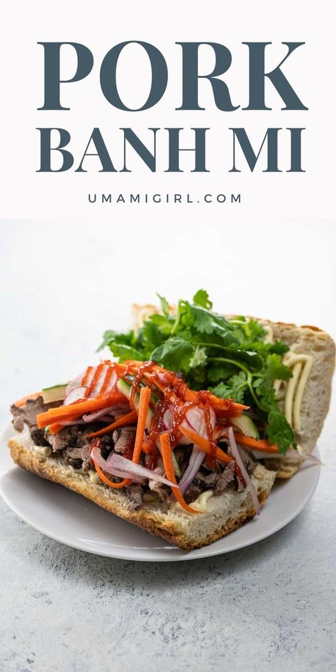 Our version of pork banh mi is made with pork tenderloin for a quick, easy, and truly delicious take on the Vietnamese street food classic. It's equally weeknight-friendly and party-worthy. Banh Mi Pork, Pork Banh Mi, Pork Tenderloin Oven, Vietnamese Street Food, Vietnamese Pork, Bahn Mi, Meat Delivery, Asian Dinners, Pork Meat