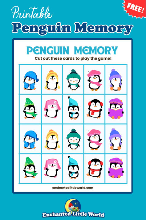 Printable Penguin Memory Match Game for kids with cute penguins in colorful winter hats and scarves. A fun and educational activity to improve memory and bring joy during winter Penguin Waddle Game, Penguin Games For Kids, Preschool Subjects, Penguin Games, Preschool Penguin, Mentoring Activities, Adorable Penguins, Seasons Preschool, Kids Activities At Home