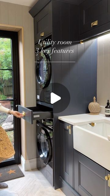 Deb Precious on Instagram: "3 key features in our utility room;

1) The stacked washing machine and drier
2) The pull out drawer for your basket
3) Hanging rail for drying

Just back from our holidays you’ll find me here for the foreseeable! 🧺 

#utility #utilityroom #laundryroom #hacks #washroom #utilityroomdecor #interiorideas #interiør #interior4all #interior123 #interiorinspo #interiorlovers #interiors #inframe #homesweethome #homeideas #homeinspiration #homedesign #homerenovation #houseinspo #renolife #renovations #renovations #rénovation #renovationproject" Garage Utility Room Ideas, Utility Area Ideas, Stacked Laundry Room Ideas, Small Utility Room Ideas, Laundry Rooms Ideas, Utility Room Ideas, Small Utility Room, Stacked Laundry Room, Utility Cupboard