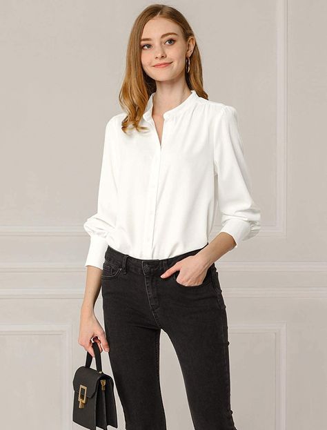 Allegra K Women's Mandarin Collar Office Top Long Sleeve Button Down Shirt at Amazon Women’s Clothing store Mandarin Collar Blouse, Long Sleeve Chiffon Shirt, Office Top, Leg Of Mutton Sleeve, Oversized Button Down Shirt, Women's Button Down Shirt, The Office Shirts, Black And White Shirt, Silky Blouse