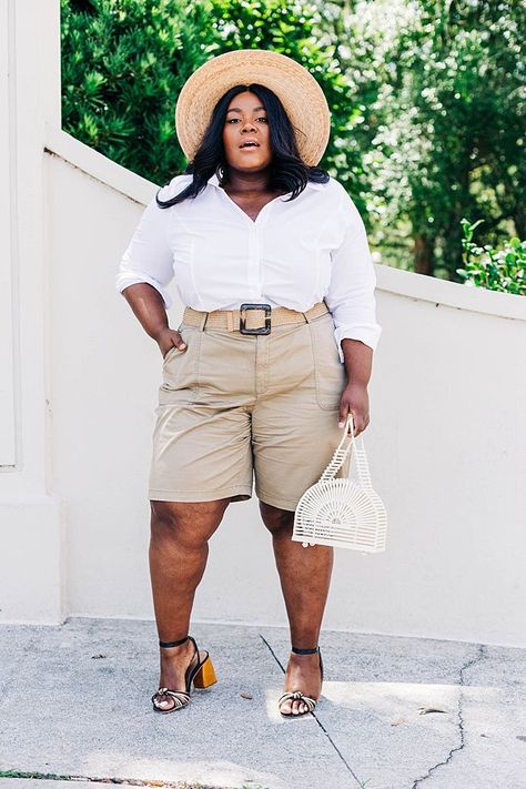 Lane Bryant, Safari Style, White Button Down Shirt, Bermuda Shorts, Lack of Color Palma Wide Brim Hat, Woven Belt, Plus Size Fashion, Summer Style, Women's Fashion Style White Button Down Shirt, Bermuda Shorts Outfit Summer, Safari Outfit Women, Plus Size Fashion Summer, Bermuda Shorts Outfit, Cargo Bermuda Shorts, Belt Plus Size, Safari Outfit, Safari Outfits