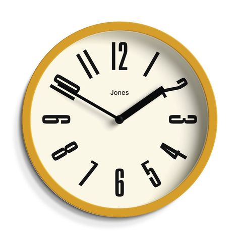 Jones Clocks Modern Mustard Yellow Wall Clock A small 'Mustard' yellow wall clock with a modern matt finish case. The contemporary dial is measured by linear baton hands behind a flat glass lens. This compact wall clock is ideal for rooms where space is tight, whether that's the kitchen, living room or office space. Specifications Size: HWD 20 x 20 x 3.5cm / 7.9 x 7.9 x 1.4in  Materials: Acrylic case, metal hands and glass lens Colour: Matt Mustard Yellow Movement: Quartz. This is a ticking clock.      Power: Requires 1 x high quality branded alkaline AA battery (not included) Product Code: JFOX172MY Mustard Yellow Kitchens, Yellow Wall Clocks, Mustard Yellow Walls, Living Room Clock, Small Wall Clock, Room Clock, Yellow Kitchen Decor, Living Room Clocks, Retro Wall Clock