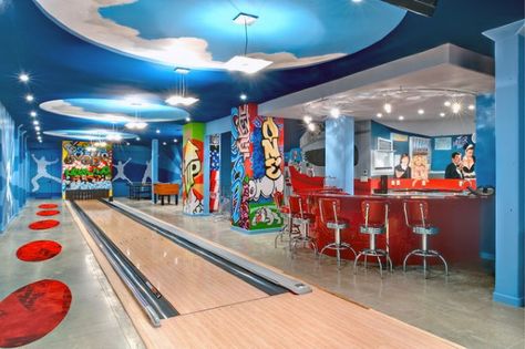 Fun Basement Bowling Alley Design Inspiration Basement Game Room Ideas, Home Bowling Alley, Contemporary Basement, Basement Games, Pool Table Room, Home Game Room, Dream Basement, Hangout Room, Game Room Basement