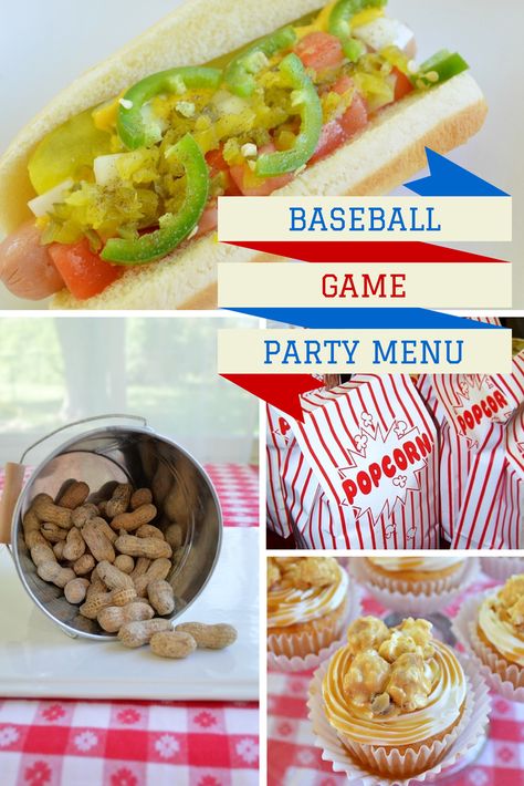 Baseball Game Party Menu Baseball Game Party, Baseball Food Party, Food Menu Ideas, Baseball Theme Birthday Party, Baseball Food, Menu Recipe, Baseball Theme Birthday, Hot Dog Toppings, Baseball Theme Party