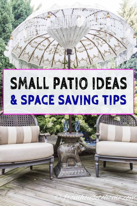 GREAT space saving small patio ideas! I love the suggestions for privacy that will make your outdoor deck or patio feel very cozy. Great for backyards or a tiny garden area.  #fromhousetohome #patio #outdoorliving #gardeningtips #gardenideas #outdoorlivingspace #patiosanddecks #structures Patio Ideas Townhouse, Small Patio Ideas, Small Patio Decorating Ideas, Summer Outdoor Decor, Small Patio Decor, Patio Small, Small Patio Garden, Small Deck Decorating Ideas, Outdoor Deck Furniture