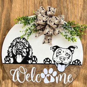 Dog Front Door Signs, Dog Welcome Sign Front Doors, Dog Door Hangers Wooden, Dog Door Hangers, Front Door Hangers, Doodle House, Dog Door Hanger, Doggie Door, Welcome Front Door