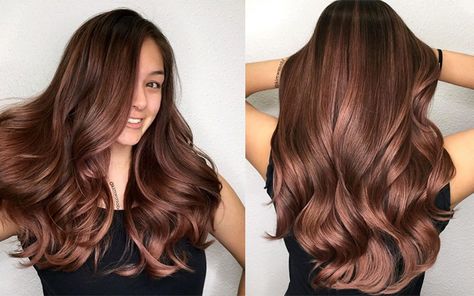 Rose Gold Balayage Brunettes, Brunette Rose Gold, Purple Hair Color Ombre, Rose Gold Hair Brunette, Rose Hair Color, Beautiful Bridal Hair, Wine Hair, Brunette Hair With Highlights, Hair Idea