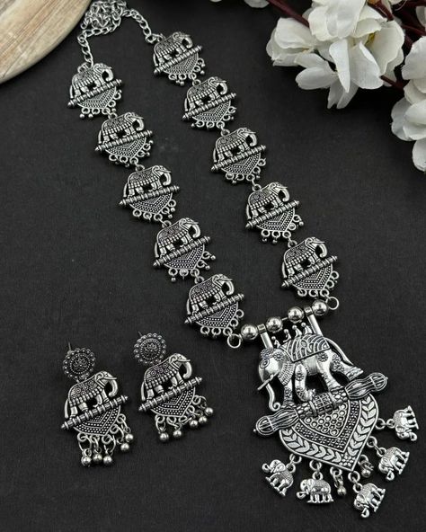 *Beautiful Oxidised Long Necklace Set. Price ₹.460/-* Oxidised Jewellery Necklaces, Long Necklace Set, Trendy Jewellery, Diy Fabric Jewellery, Oxidised Silver Jewelry, Fabric Jewellery, Silver Jewellery Online, Silver Jewelry Necklace, Mahi Mahi