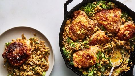 One-Skillet Chicken with Buttery Orzo Recipe | Bon Appetit Table D Hote, Orzo Recipes, One Pan Chicken, One Dish Dinners, Pan Chicken, Healthy Kitchen, Skillet Chicken, Minestrone, Chicken Thigh Recipes