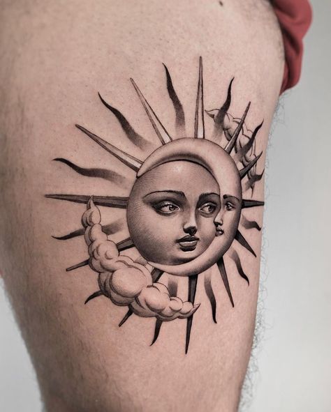 Daniel Mizrahi | Tattoo Artist on Instagram: “Sun tries to seduce Moon or something 🤔 not sure. Done at @gida_tattoo_tlv” Sun With Face Tattoo, Sun Face Tattoo, Moon Face Tattoo, Sun And Moon Tattoo Designs, Sun Moon Tattoo, Sun With Face, Sun And Moon Tattoos, Moon Sun Tattoo, Bumble Bee Tattoo