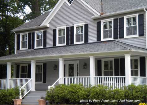 all this needs is a Red door!! Gray siding is happening someday...**sigh** Grey And White Victorian House Exterior, Gray Siding With Black Shutters, Gray Siding With Shutters, Gray Siding Black Shutters, Homey Colors, Country Porch Ideas, Big Front Door, Wrap Around Porch Ideas, Gray Siding