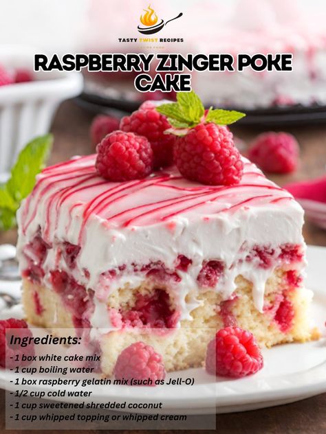 **Raspberry Zinger Poke Cake** **Ingredients:** - 1 box white cake mix (plus ingredients listed on the box) - 1 cup boiling water - 1 box raspberry gelatin mix (such as Jell-O) - 1/2 cup cold water - 1 cup sweetened shredded coconut - 1 cup whipped topping or whipped cream - Fresh raspberries for garnish (optional) **Instructions:** 1. **Prepare Cake:** Preheat your oven according to the instructions on the cake mix box. Grease and flour a 9x13-inch baking dish. Prepare the cake batter ac... Raspberry Zinger Poke Cake, Raspberry Zinger Cake, Zinger Poke Cake, Raspberry Poke Cake, Raspberry Zinger, Cream Fresh, Instagram Recipes, Twisted Recipes, Fresh Raspberries