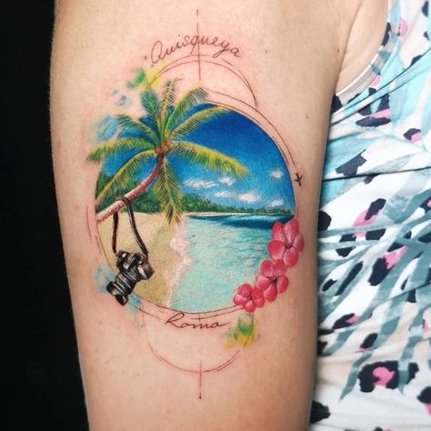 22 Colorful Tattoo Ideas for Women: Unleash Your Vibrant Side Colorful Beach Tattoo, Beach Themed Tattoos For Women, Bright Tattoos For Women, Beach Tats, Colorful Tattoo Ideas, Hawaiian Tattoo Designs, Mucha Tattoo, Endless Tattoo, Medical Tattoos