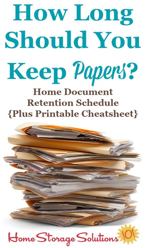 Article explaining how long should you keep papers when decluttering files and documents from your home. There's a home document retention schedule you can reference, including a printable cheatsheet {courtesy of Home Storage Solutions 101} Paperwork Storage, Paper Decluttering, Household Notebook, Paper Clutter Organization, Paper Tiger, Painting Hacks, Paper Dragon, Organizing Paperwork, Household Management