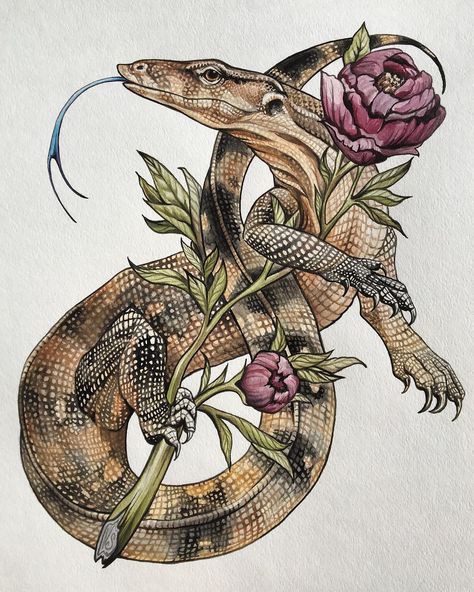 Monitor watercolor illustration by veronica steiner - tattoo style lizard and peonies Lizard Tattoo, Snake Art, Desenho Tattoo, Watercolor Rose, Couple Tattoos, Dragon Tattoo, Animal Tattoos, Tattoo Style, Tattoo Drawings