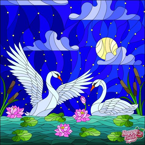 Swans in the Night Bird Painting Acrylic, Cow Art Print, Glass Painting Patterns, Sky Art Painting, Abstract Animal Art, Glass Painting Designs, Stained Glass Paint, Colored Pictures, Colouring Pics