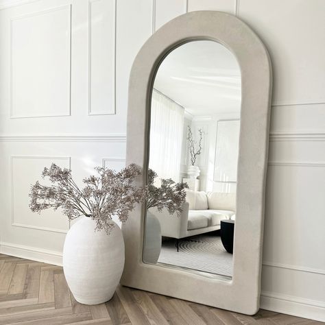 Concrete Mirror, Full Length Mirror In Bathroom, Minimalistic Luxury, Extra Large Mirrors, Textured Frame, Minimalist Window, Stone Mirror, Wood Arch, Arched Mirror