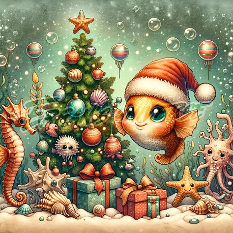 Christmas Under The Sea, Creativity Ideas, Mermaid Artwork, Mermaid Christmas, Tropical Christmas, Celebrating Christmas, Christmas Illustration, Christmas Wallpaper, Retro Christmas