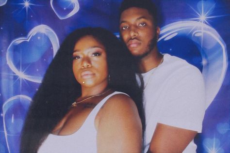 A heterosexual african-american couple poses romantically in front of a background of blue bubble hearts in a 90s styled photoshoot. 90s Photoshoot, Photoshoot Idea, Black Love, Old School, Valentine's Day, Valentines Day, Valentines, Black