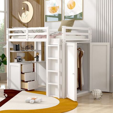 Desk And Wardrobe, Trundle Bed With Storage, Desk Wardrobe, Bed With Wardrobe, Loft Bed With Desk, Loft Bed Frame, Bed With Desk, Twin Size Loft Bed, Twin Loft Bed