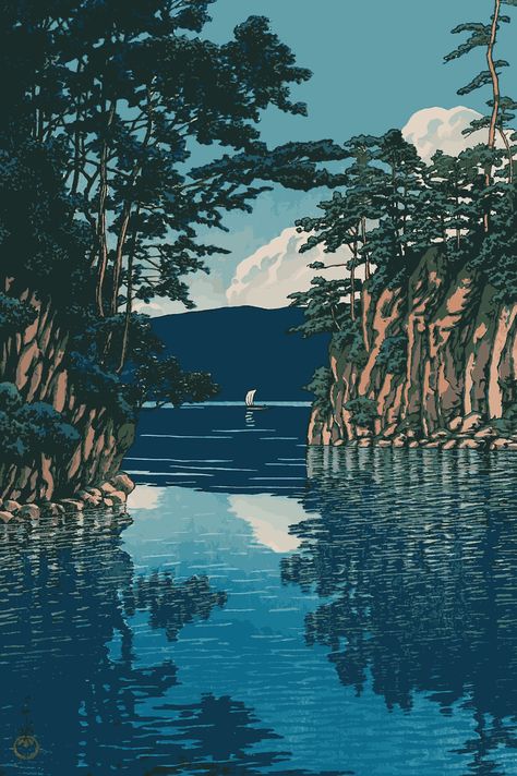 A digital art version of the woodblock print Lake Towada by Kawase Hasui (1883-1957). Kawase Hasui, Japanese Woodcut, Japan Painting, Japanese Art Prints, Aomori, Japanese Landscape, Art Japonais, Ukiyo E, Japanese Woodblock Printing