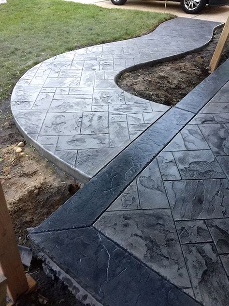 Concrete Pad Front Porch, Black Stamped Concrete Driveway, Stamped Concrete Patio Ideas Pool Decks, Backyard Concrete, Decorative Concrete Patio, Stamped Concrete Patio Designs, Concrete Sidewalk, Overlay Ideas, Stained Floors