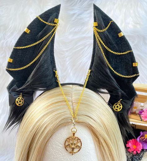 anubis ears, anubis, style, fashion, neko, handmade, small business, egirl, gold, pentagram Anubis Ears, Handmade Small Business, Neko Cat, Kawaii Cosplay, Pink Faux Fur, Star Top, Anime Inspired, Cat Ears, Wearable Art