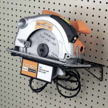 Circular Saw Hanger for pegboard backs provided by Midwest Retail Services Circular Saw Storage, Saw Storage, Saw Blade Storage, Pegboard Shelf, Slat Wall Display, Gondola Shelving, Metal Storage Shelves, Wire Bins, Tool Hangers