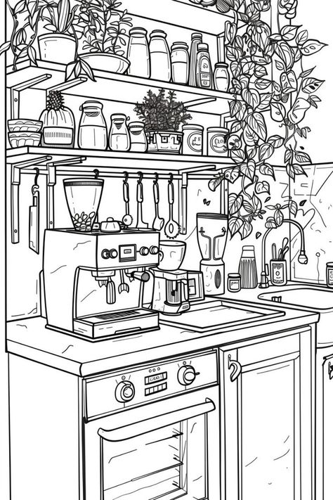 Cozy Interior Coloring Pages, Kitchen Colouring Pages, Cozy Fall Coloring Pages, Coloring Pages Aesthetic Adult, Bakery Coloring Pages, Cafe Coloring Pages, Coloring Pages Coffee, Coffee Coloring Pages, Cozy Coloring Pages