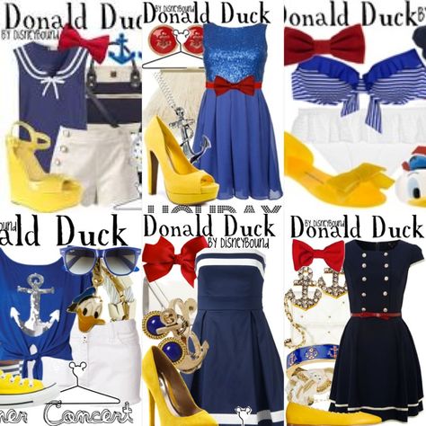 Here is a six outfit collage of cute Donald Duck  outfits. :D Duck Halloween Costume, Donald Duck Costume, Disney Bound Outfits Casual, Plus Size Disney, Disney Costume, Donald And Daisy Duck, Disney Themed Outfits, Disney Photo Ideas, Disney Bound Outfits