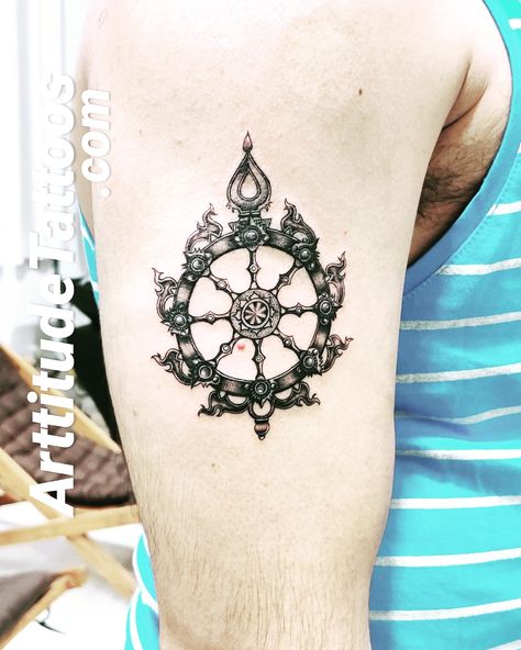 Arttitude Tattoos studio  Sudharshan chakra tattoo Hindu Tattoos Men Forearm, Sudarshan Chakra Art, Sudarshan Chakra Tattoo Design, Dharma Chakra Tattoo, Sudharshana Chakra Tattoo, Sudarshan Chakra Tattoo, Durga Tattoo, Samsara Tattoo, Sanskrit Tattoos