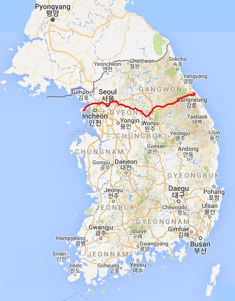 Map of Korea showing the route of the Gangneung KTX Map Of Seoul, Map Of Korea, Korean Map South Korea, Map Of South Korea, Seoul Metro Map, North Korea Map, Korea Country, Korea Map, Andong