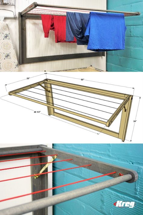 This wall-mounted laundry drying rack offers almost 20 feet of clothesline for air-drying clothes, all in a compact space. Plus, the rack folds flat against the wall so it’s out of the way when not in use. A couple of dowels and four boards, plus some clothesline, are all you need to build it. Free printable plans with how-to steps, tools & materials list, cut list & diagram. Save Now, Build Later! #laundryroom #dryingrack #DIY Diy Clothes Drying Rack, Outdoor Clothes Lines, Casa Open Space, Wall Mounted Clothes Drying Rack, Laundry Drying Rack, تصميم الطاولة, Laundry Rack, Project Plan, Diy Wand