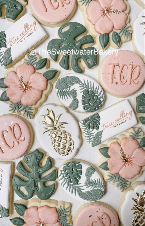 Tropical Theme Cookies Decorated, Tropical Leaf Cookies Decorated, Tropical Leaf Cookies, Monstera Leaf Cookies Decorated, Monstera Leaf Cookies, Hawaiian Birthday Cookies, Tropical Birthday Cookies, Tropical Bridal Shower Cookies, Tropical Theme Cookies