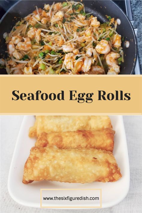 These seafood egg rolls are easy and delicious. This appetizer is loaded with seafood then fried until golden. #seafood #recipes #appetizers Salmon And Shrimp Egg Rolls, Shrimp And Cabbage Egg Rolls, Seafood Fried Rice Egg Rolls, Fish Egg Rolls, Seafood Egg Rolls Recipe, Crab Meat Egg Roll Recipes, Shrimp Egg Roll Filling Recipes, Crab And Shrimp Egg Rolls Recipes, Lobster Egg Rolls