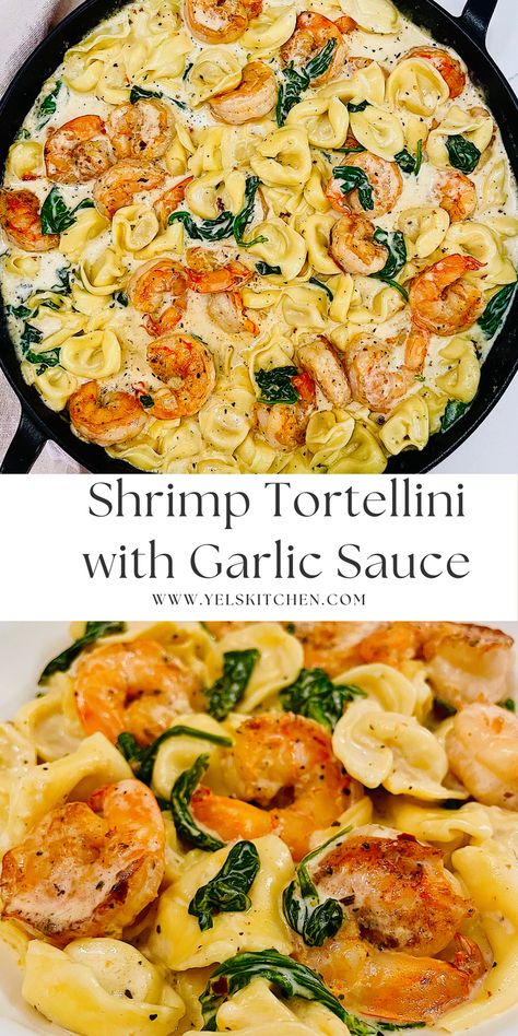 Shrimp Pesto Tortellini, Creamed Spinach Tortellini With Shrimp, Dinner Recipes With Shrimp Easy, Shrimp Spinach Tortellini, Cream Spinach Tortellini Shrimp, Cajun Shrimp Tortellini, Seafood Dinner Ideas For Two, Recipes For Dinner With Spinach, Shrimp And Chicken Tortellini