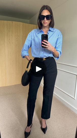 19K views · 1K reactions | Save this for next time you don’t know what to wear to work 📌 

Nothing beats a blue and white striped shirt at this time of year. It feels so summery and looks really smart with black, navy or white. 

This one is from @aurelie.co.uk 

#workoutfitideas #whattoweartowork #officeoutfit #stripedshirt | Isabelle Handley-Allen | ProleteR · April Showers What To Wear To Work, Blue And White Striped Shirt, April Showers, Wear To Work, Office Outfits, Don T Know, Striped Shirt, Work Outfit, To Work