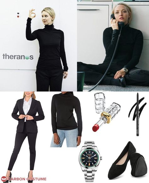 Elizabeth Holmes is the promising young founder of the biotech company Theranos, who was convicted of committing fraud. She styled herself after visionary Apple founder Steve Jobs, black Issey Miyake turtleneck and all. In the Hulu series The Dropout, Holmes was played by Amanda Seyfried. To really nail the part, you better practice lowering your speaking voice. Elizabeth Holmes Costume, Steve Jobs Costume, Elizabeth Holmes, Apple Founder, Hollywood Icons, Amanda Seyfried, Steve Jobs, Halloween Outfits, Her Style