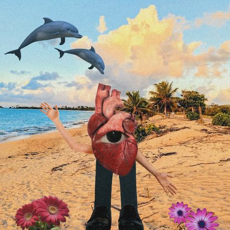 Corazón, mar, playa, delfines, flores, Bad Bunny, Álbum Ideas Portadas, Escaping Reality, Bad Bunny, Christmas Paintings, Family Christmas, Paintings, Collage, Christmas, Quick Saves