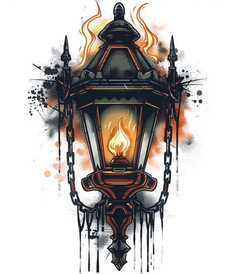 Tattoo Design of Old Street Lamp with Fire and Chains Fire Tattoo Ideas, Lantern Tattoos, Old Street Lamp, Chain Drawing, Lantern Tattoo Design, Lamp Tattoo, Neo Traditional Tattoos, Lantern Tattoo, Chain Tattoo