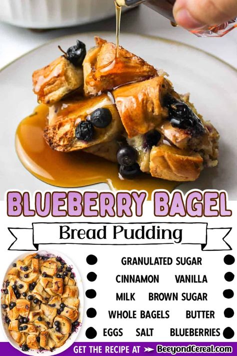 Leftover Blueberry Bagel Recipes, Bagel Bread Pudding Recipe, Bagel Bread Pudding, Bagel Casserole, Blueberry Bagel, Bagel Bread, Mom Breakfast, Breakfast Pastry, Overnight French Toast