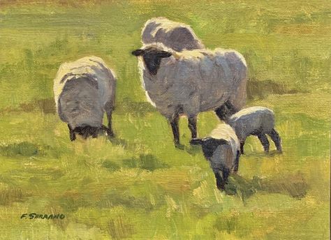 Sheep Pasture Painting, Painting Of Sheep, Sheep Oil Painting, Direct Painting, Sheep Paintings, Farmhouse Paintings, Sheep Art, Pastel Sec, Cow Painting