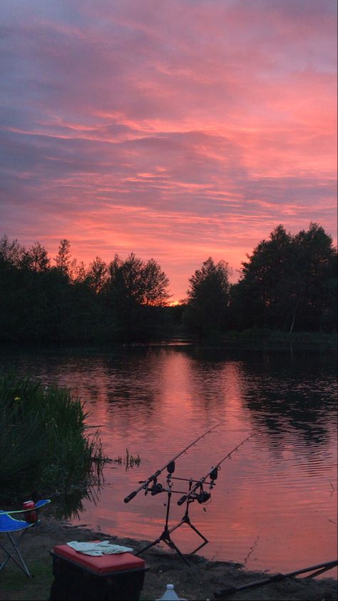 Pretty pink purple orange sunset beautiful clouds fishing rod view bushes lake camping UK Purple Orange Sunset, Cloud Fish, Fishing Sunset, Camping Uk, Trout Lake, Lake Camping, Better Lifestyle, Beautiful Clouds, Sunset Beautiful