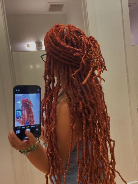 Faux Locs Hairstyles Ginger, Long Ginger Faux Locs, Ginger Crochet Hairstyles, Faux Locs Red And Blonde, 350 Faux Locs, Ginger Soft Locs Black Women, Ginger Boho Locs, 350 Locs, Orange Faux Locs