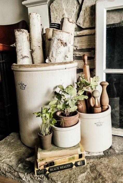 Decorating With Jugs And Crocks, Crock Pottery Decor, How To Display Crocks, How To Decorate With Antique Crocks, Vintage Farmhouse Fireplace Decor, 6 Gallon Crock Decor Ideas, Decorating Ideas Using Old Crocks, Big Crock Decorating Ideas, 20 Gallon Crock Decorating Ideas