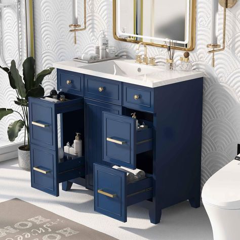 PRICES MAY VARY. [Bathroom Vanity] Elevate your bathroom with this vanity cabinet, meticulously crafted with a solid wood frame and high-quality MDF boards. This premium construction guarantees exceptional stability and a long lifespan. [Ample and Smart Storage] One side features a connected drawer, intelligently designed to neatly house your essential bath items, from hair dryers and curling irons to shampoos and toiletries. On the other side, a dedicated drawer keeps your towels impeccably org Cabinet Upgrade, Cabinet With Sink, Navy Blue Bathrooms, 36 Inch Bathroom Vanity, Blue Bathroom Vanity, Storing Towels, 36" Vanity, 36 Bathroom Vanity, Space Experience